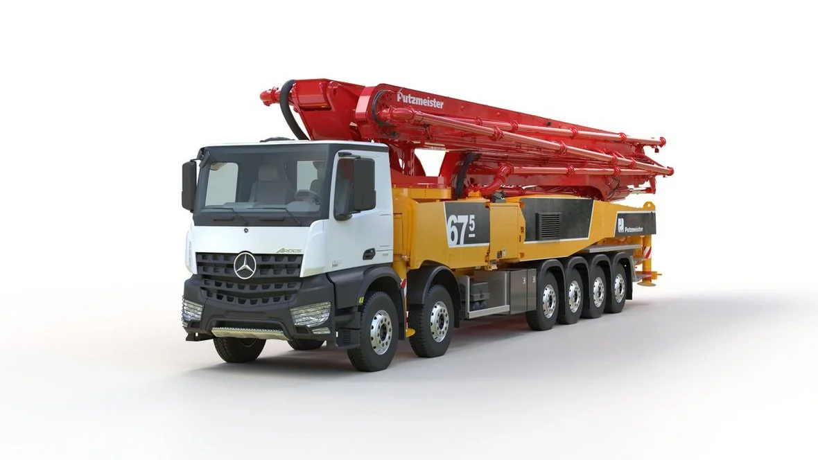 Putzmeister M67-5 – samochodowa pompa do betonu z pięciosekcyjnym wysięgnikiem o zasięgu pionowym 66,2 m.